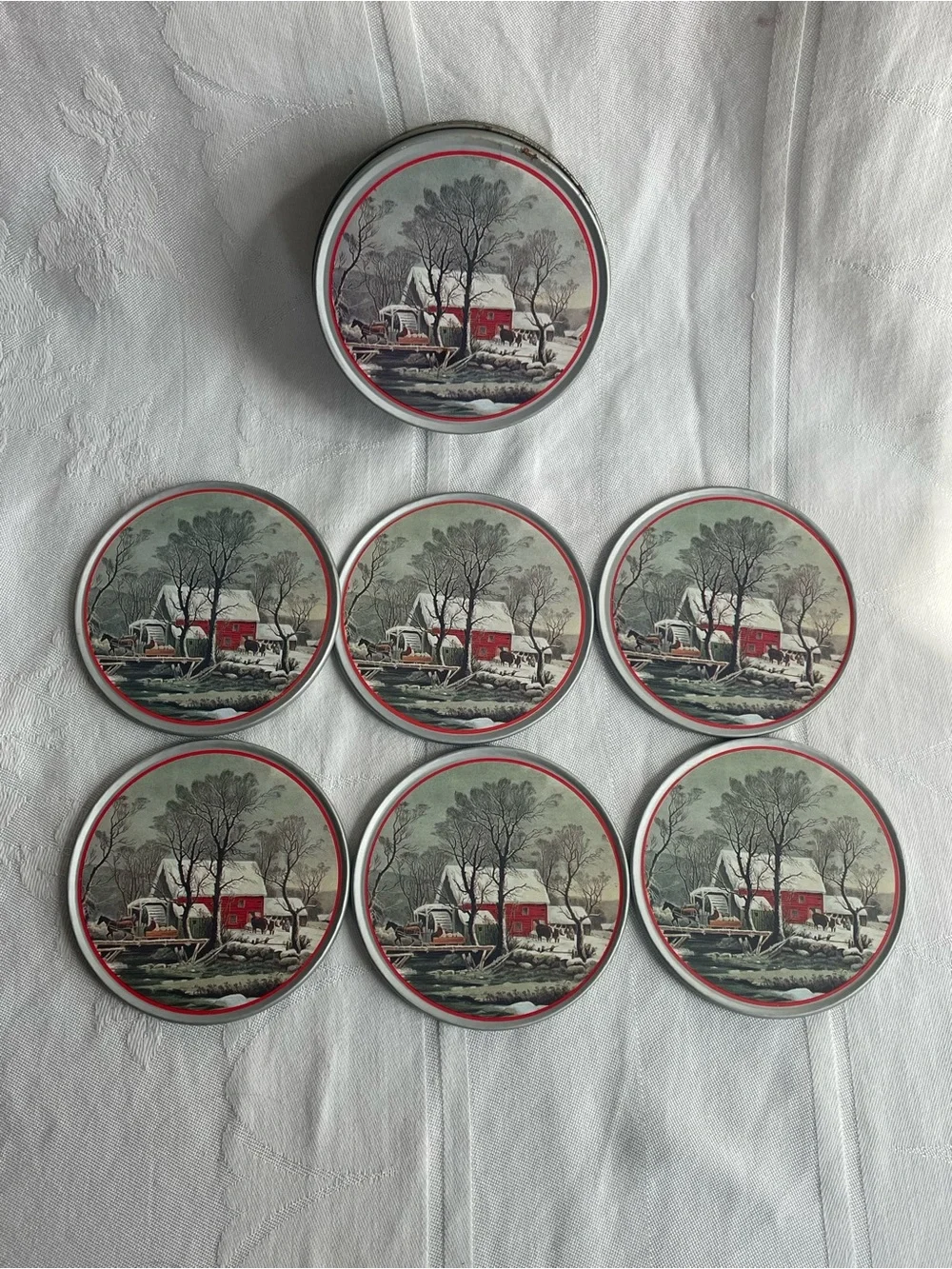 Vintage Currier & Ives Tin Coasters w Storage Winter Red Barn Scene Set of 6